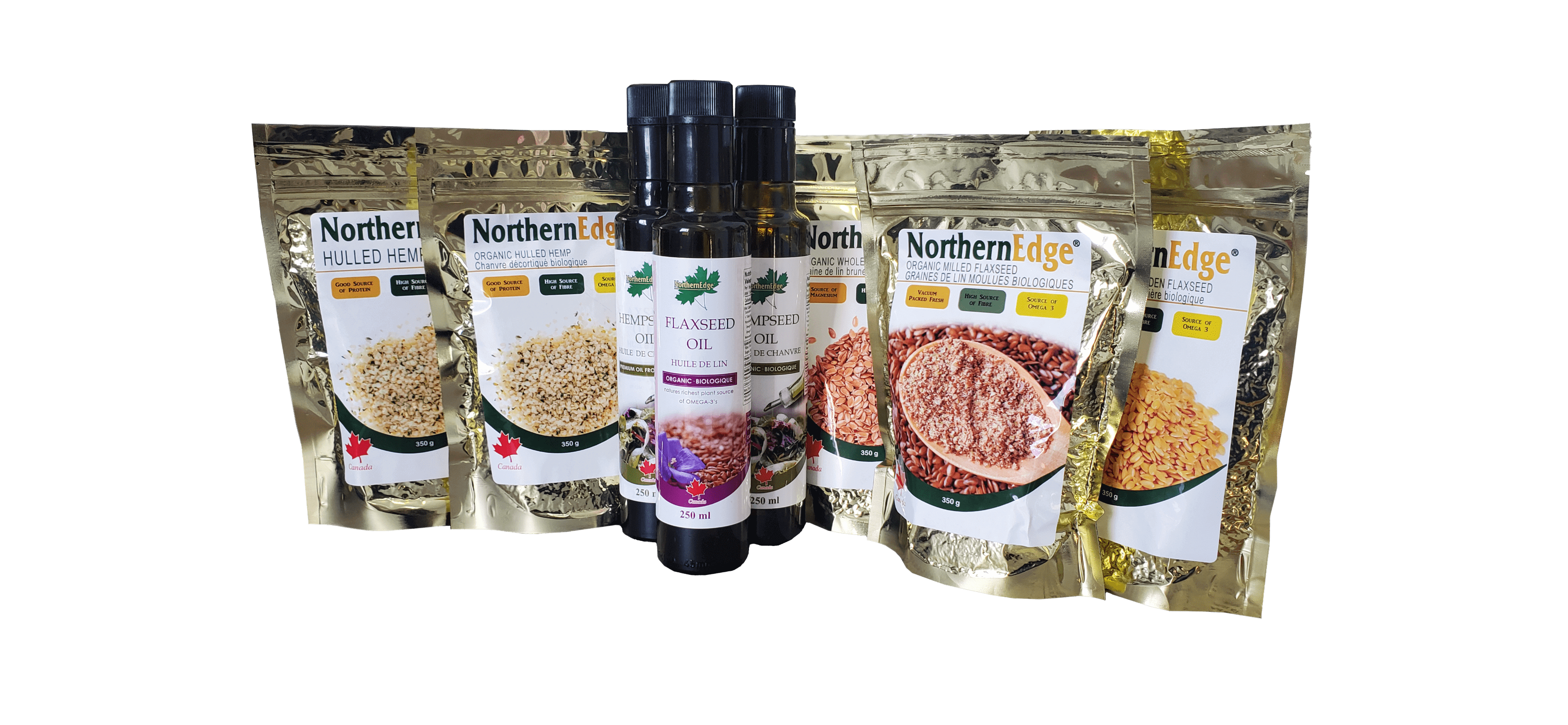 Northern Nutraceuticals Inc. Organic Hemp Seed and Flax Seed and flaxseed milled, whole, ground, hearts, and oil